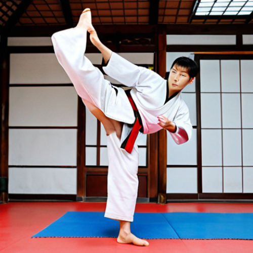 Home 11 A Taekwondo student practicing basic stances (Ap-kubi, Ap-seogi, Chuchum-seogi) in a traditional dojang. Focus on demonstrating proper form and balance. The dojang should have Korean calligraphy art and a warm color palette, creating a traditional look.