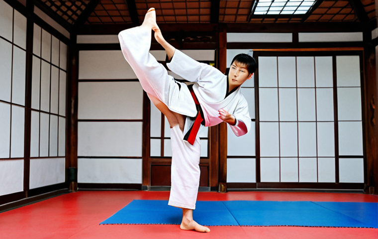 A Taekwondo student practicing basic stances (Ap-kubi, Ap-seogi, Chuchum-seogi) in a traditional dojang. Focus on demonstrating proper form and balance. The dojang should have Korean calligraphy art and a warm color palette, creating a traditional look.