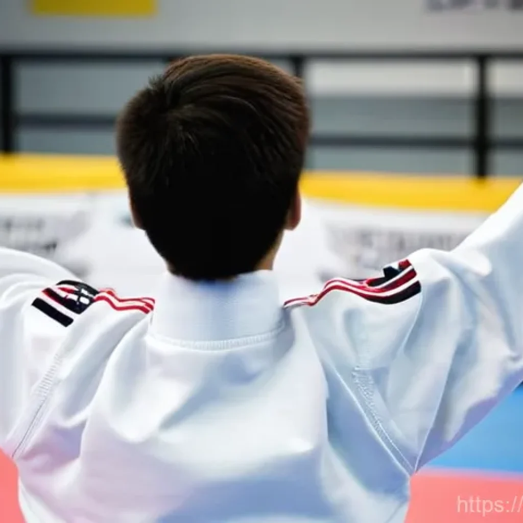 태권도 용품 쇼핑몰 추천 - **A focused Taekwondo athlete in motion:** A teenage male, approximately 16 years old, executes a dy...