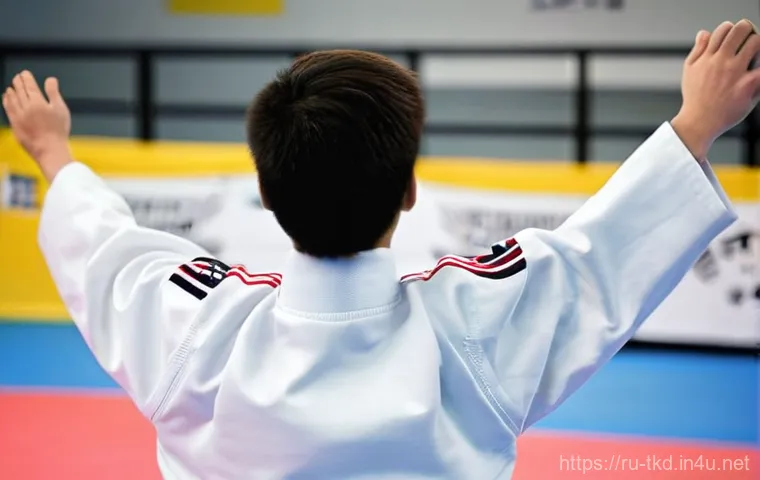 태권도 용품 쇼핑몰 추천 - **A focused Taekwondo athlete in motion:** A teenage male, approximately 16 years old, executes a dy...