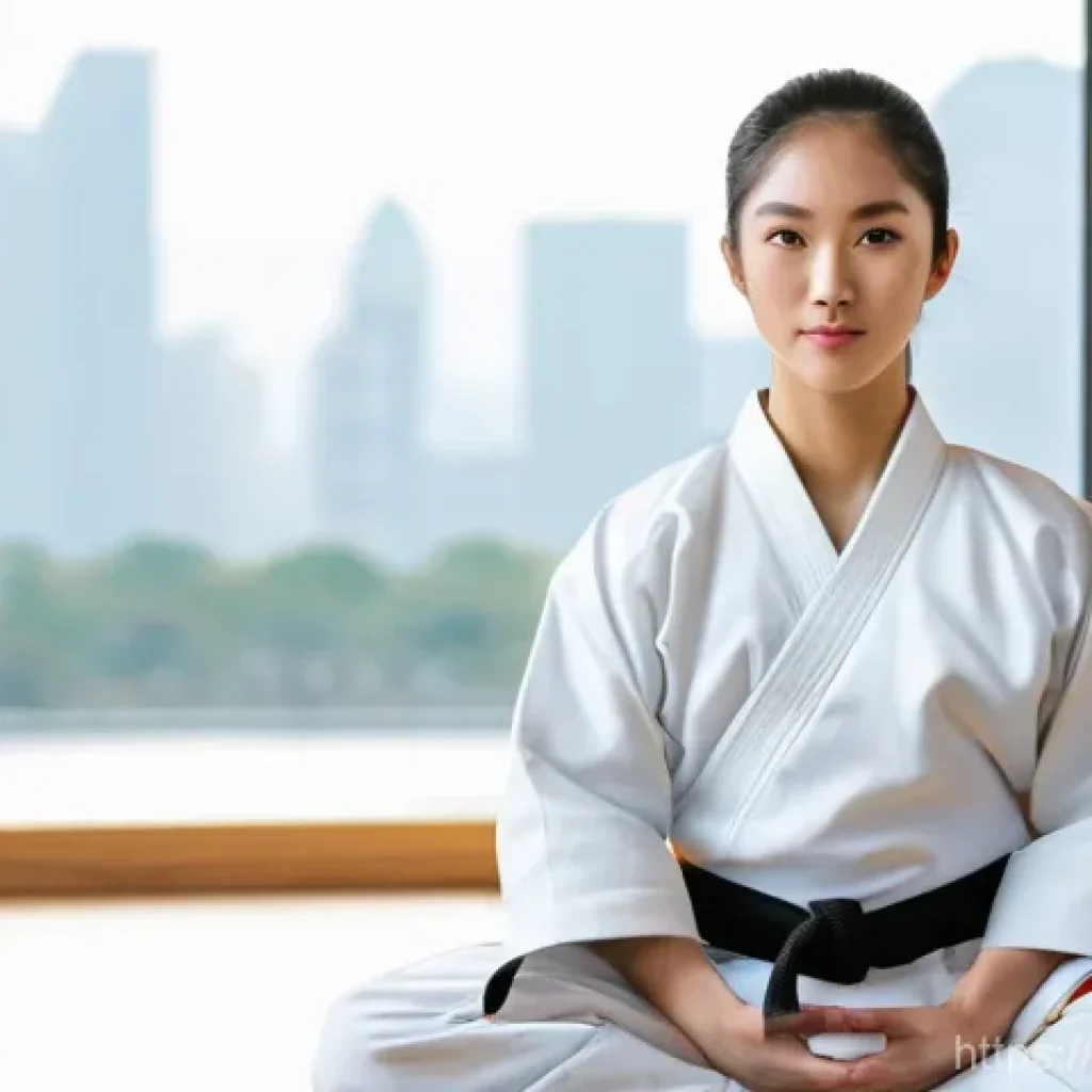태권도 수련의 장점과 효과 - Inner Harmony Amidst the Cityscape**
**Prompt:** A serene, mid-shot portrait of a Taekwondo practiti...
