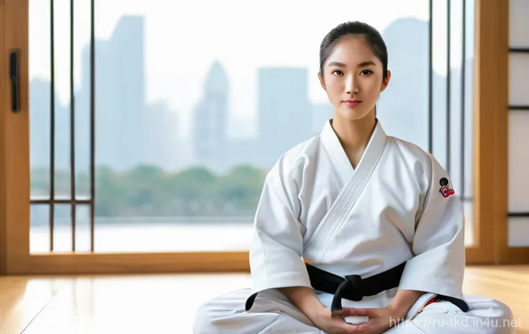 태권도 수련의 장점과 효과 - Inner Harmony Amidst the Cityscape**
**Prompt:** A serene, mid-shot portrait of a Taekwondo practiti...