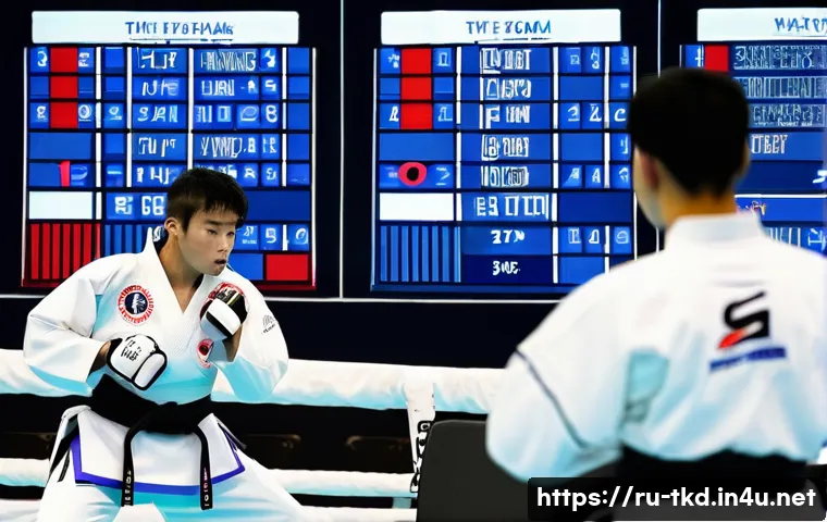 태권도 경기에서 사용하는 점수판 - **Evolution of Taekwondo Scoring: From Human Eye to Smart Technology**
A split image composition...