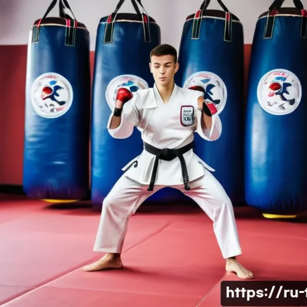 태권도 심사 준비 가이드 - A focused young male taekwondo practitioner in a modern gym setting, dressed in a clean white dobok ...