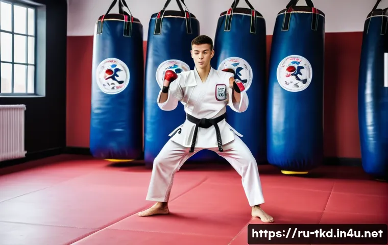 태권도 심사 준비 가이드 - A focused young male taekwondo practitioner in a modern gym setting, dressed in a clean white dobok ...