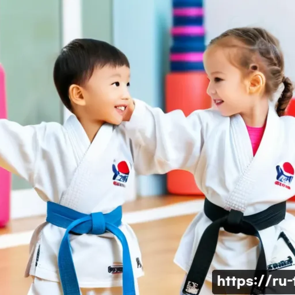 태권도 유아 클래스 장점 - A lively indoor taekwondo class for toddlers wearing colorful protective gear and comfortable sports...