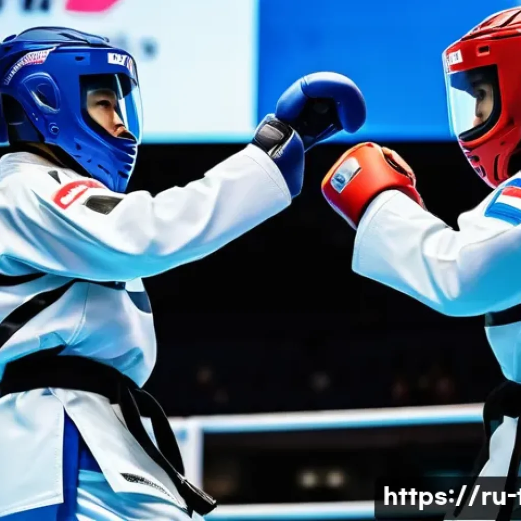 태권도 국제 경기 규정 최신 업데이트 - A dynamic scene of two adult taekwondo athletes wearing advanced protective gear, including high-tec...