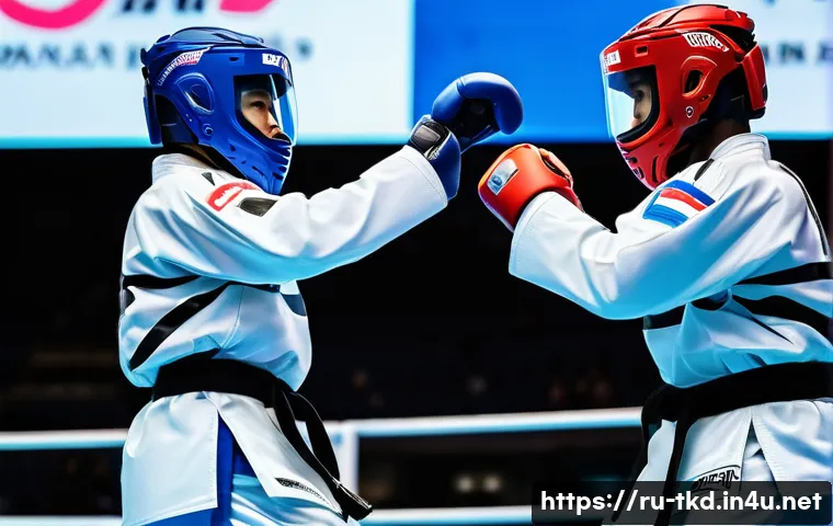 태권도 국제 경기 규정 최신 업데이트 - A dynamic scene of two adult taekwondo athletes wearing advanced protective gear, including high-tec...