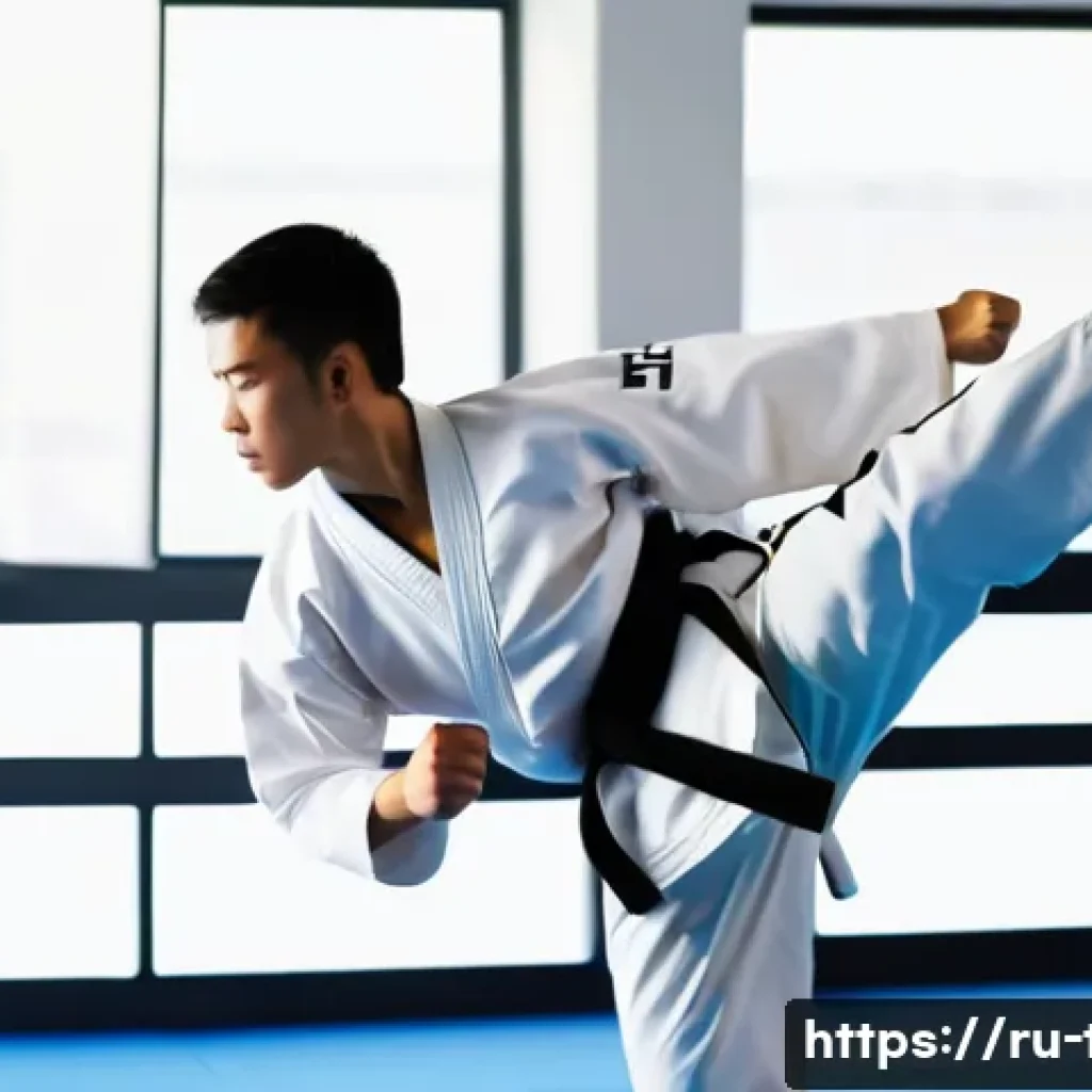 태권도 인기 장비 브랜드 - A beginner taekwondo athlete practicing in a bright, modern dojo wearing a lightweight, breathable w...