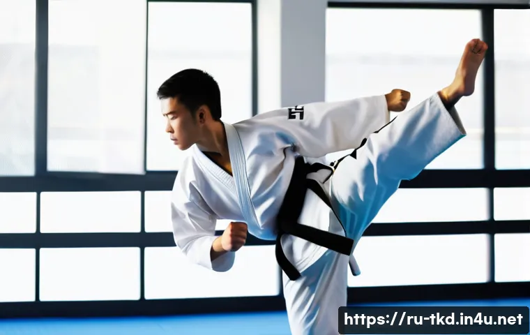 태권도 인기 장비 브랜드 - A beginner taekwondo athlete practicing in a bright, modern dojo wearing a lightweight, breathable w...