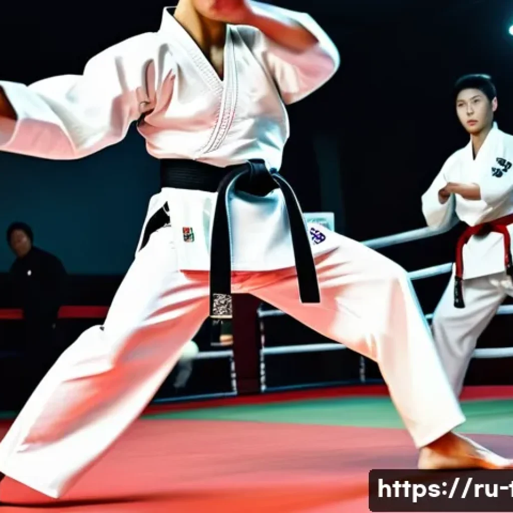 태권도 영상 제작 팁 - A dynamic taekwondo action scene captured from a low angle near waist level, emphasizing the athlete...
