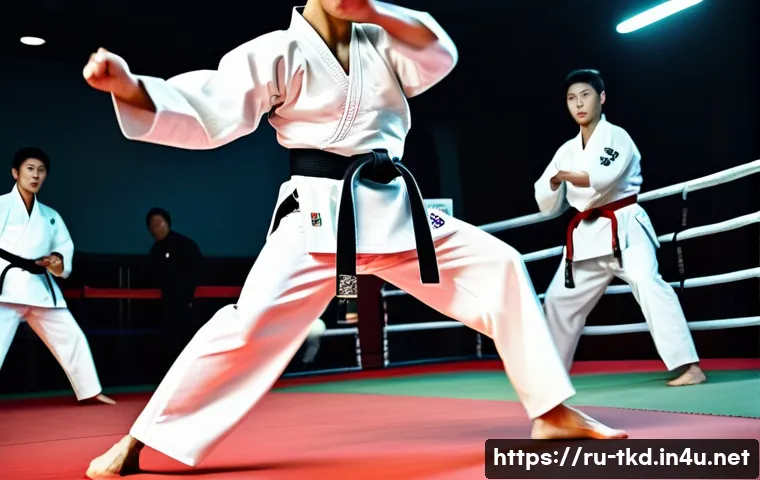 태권도 영상 제작 팁 - A dynamic taekwondo action scene captured from a low angle near waist level, emphasizing the athlete...