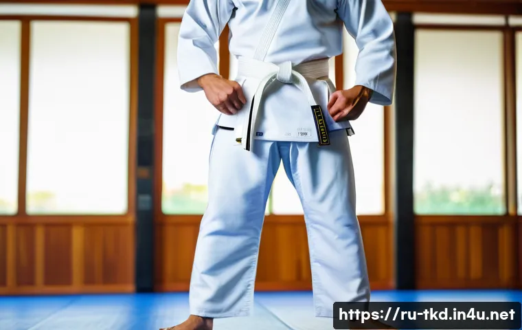 태권도 도복 고르는 방법 - A detailed image of a taekwondo practitioner wearing a traditional dobok made from 100% breathable c...