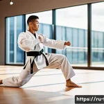 태권도 발차기 강화 기술 - A male martial artist practicing taekwondo kicks in a spacious, modern gym with wooden floors and la...