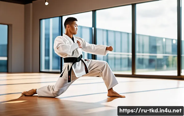 태권도 발차기 강화 기술 - A male martial artist practicing taekwondo kicks in a spacious, modern gym with wooden floors and la...