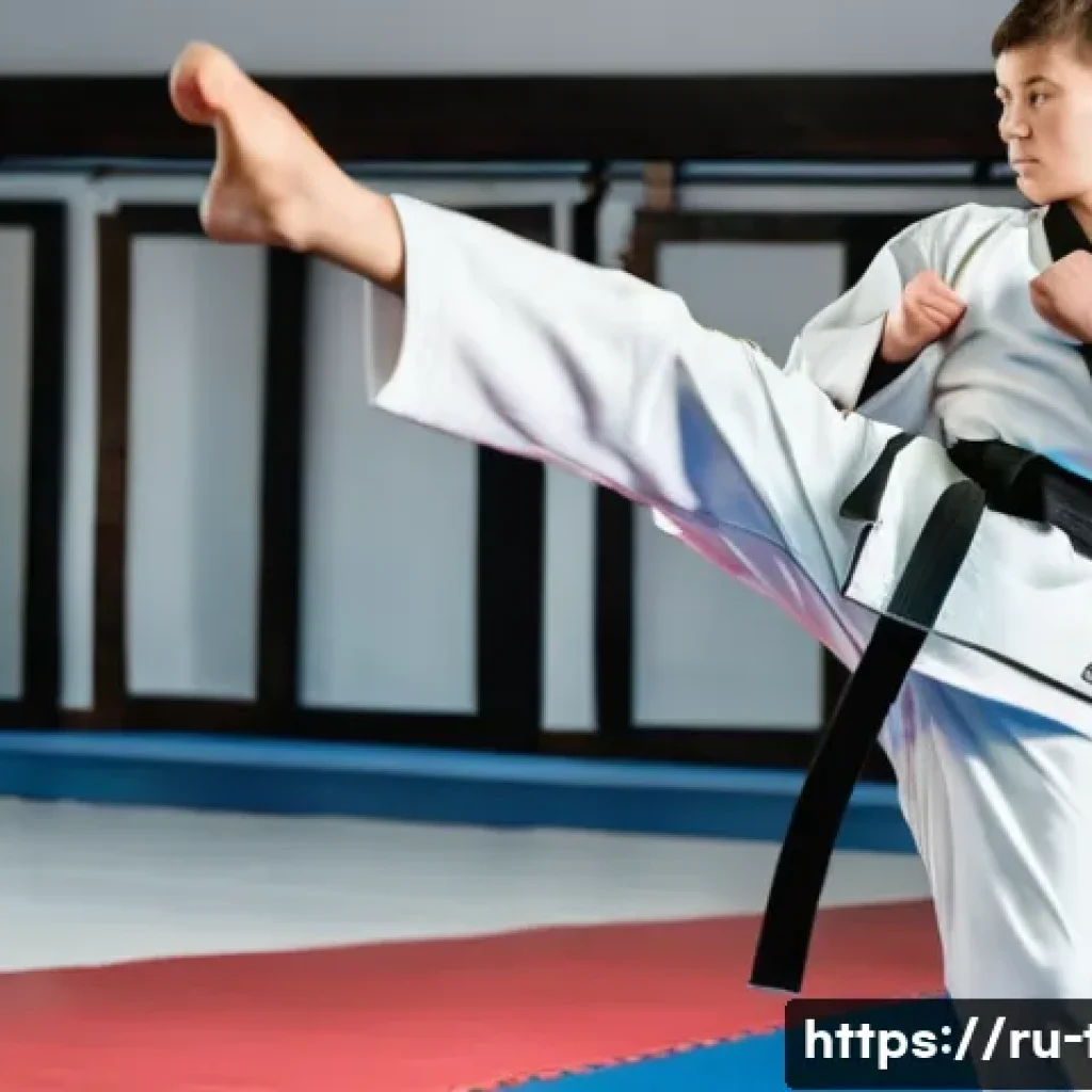 태권도 정신과 일상의 연결 - A focused young Russian male practicing Taekwondo in a traditional dojang, wearing a white dobok wit...