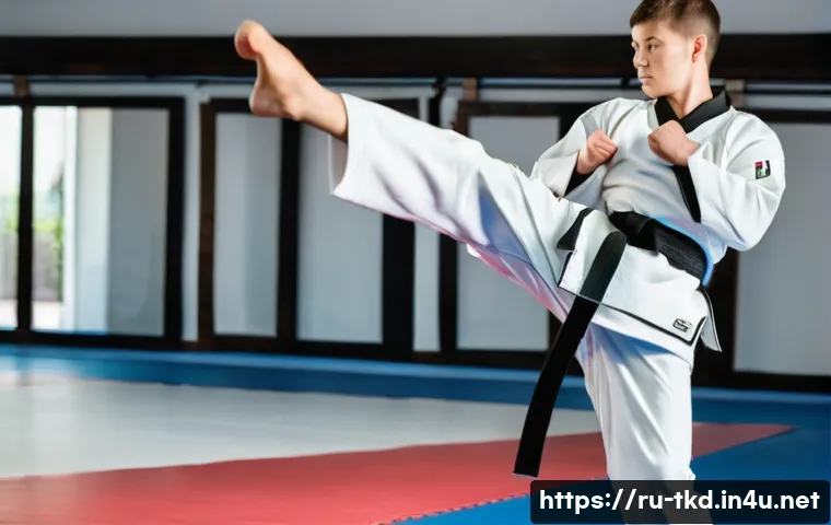 태권도 정신과 일상의 연결 - A focused young Russian male practicing Taekwondo in a traditional dojang, wearing a white dobok wit...