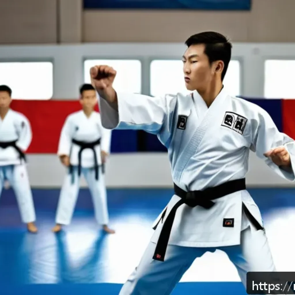 태권도 유단자와 유급자 차이 - A dynamic scene inside a modern taekwondo dojo in Russia, featuring an experienced male athlete in f...