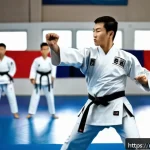 태권도 유단자와 유급자 차이 - A dynamic scene inside a modern taekwondo dojo in Russia, featuring an experienced male athlete in f...