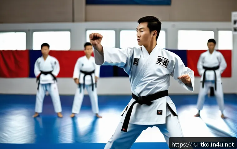 태권도 유단자와 유급자 차이 - A dynamic scene inside a modern taekwondo dojo in Russia, featuring an experienced male athlete in f...