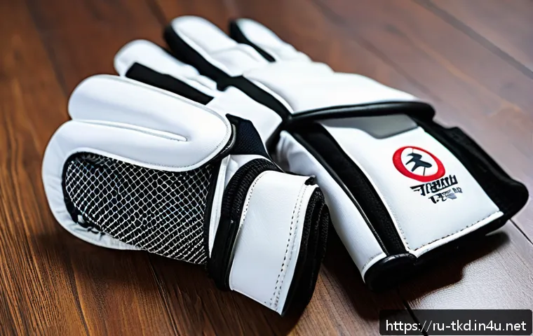 태권도 장갑 추천 및 리뷰 - A detailed close-up of taekwondo gloves made from synthetic leather with breathable mesh lining, fea...