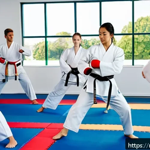 태권도 동호회 가입 장점 - A diverse group of adults practicing Taekwondo in a clean, spacious modern dojo with large windows a...