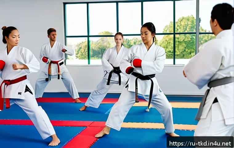 태권도 동호회 가입 장점 - A diverse group of adults practicing Taekwondo in a clean, spacious modern dojo with large windows a...
