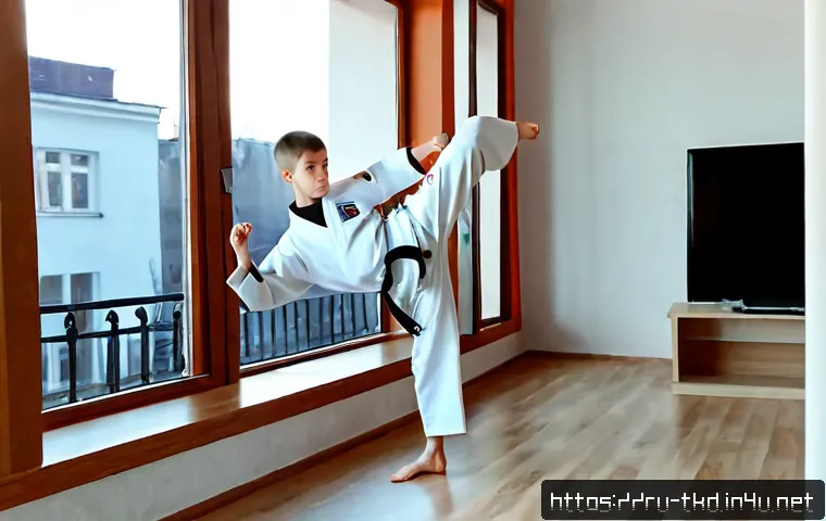 Home 17 태권도 온라인 수업 리뷰 - Photorealistic Russian teenage boy practicing a high front kick during an online taekwondo lesson in...