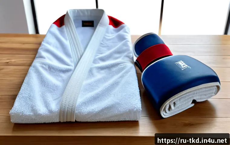 Home 17 태권도 훈련 시 필요한 액세서리 - Photorealistic martial arts training accessories arranged neatly on a clean wooden bench in a bright...