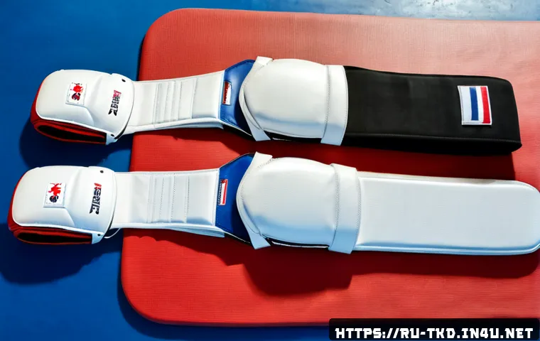 Home 17 태권도 겨루기 보호장비 종류 - Photorealistic flat-lay of Taekwondo sparring protective equipment neatly arranged on clean blue-and...