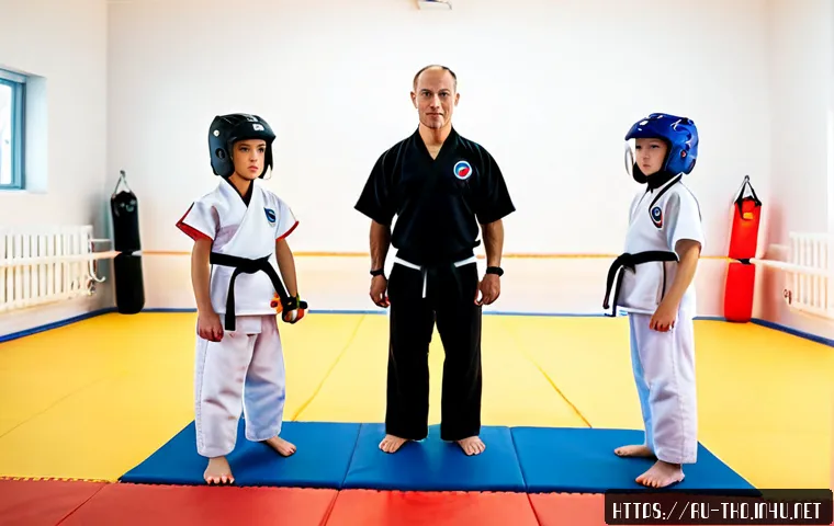 Home 30 태권도 도장 선택 기준 - Photorealistic Russian family visiting a clean local taekwondo training studio, parent observing fro...