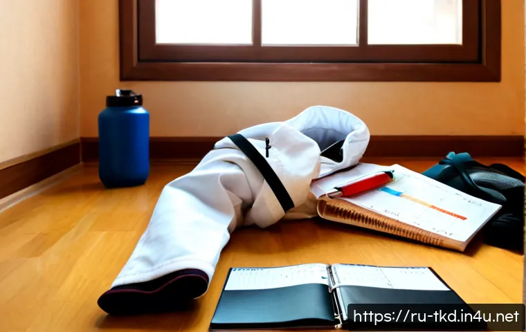 Home 17 태권도 훈련 일정을 지키는 비법 - Photorealistic early morning scene in a modest Moscow apartment, disciplined adult taekwondo student...